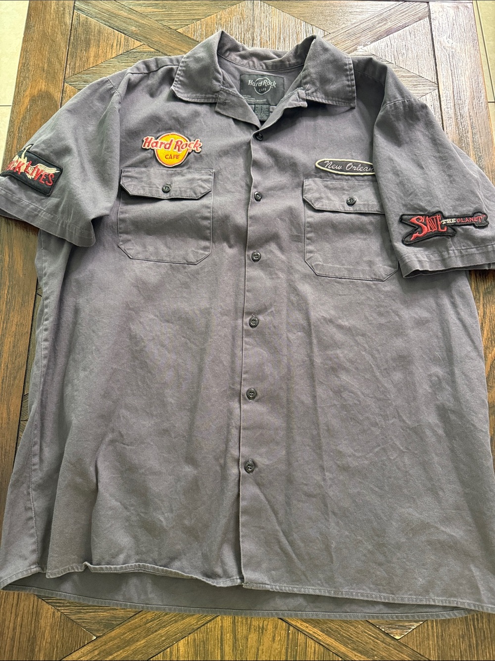 Hard Rock Cafe New Orleans Gray Button-Up Work Shirt Embroidered Patches XXL